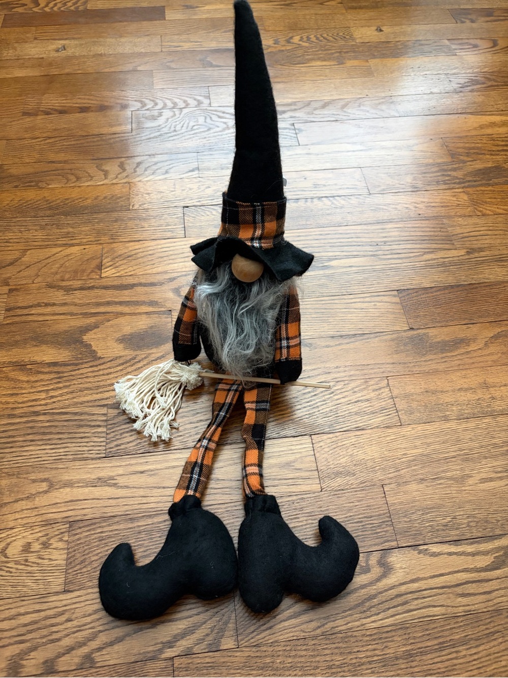 Halloween Gnome Witch Hat Broom Orange Black Plaid Sitting Holiday Decor Accent
